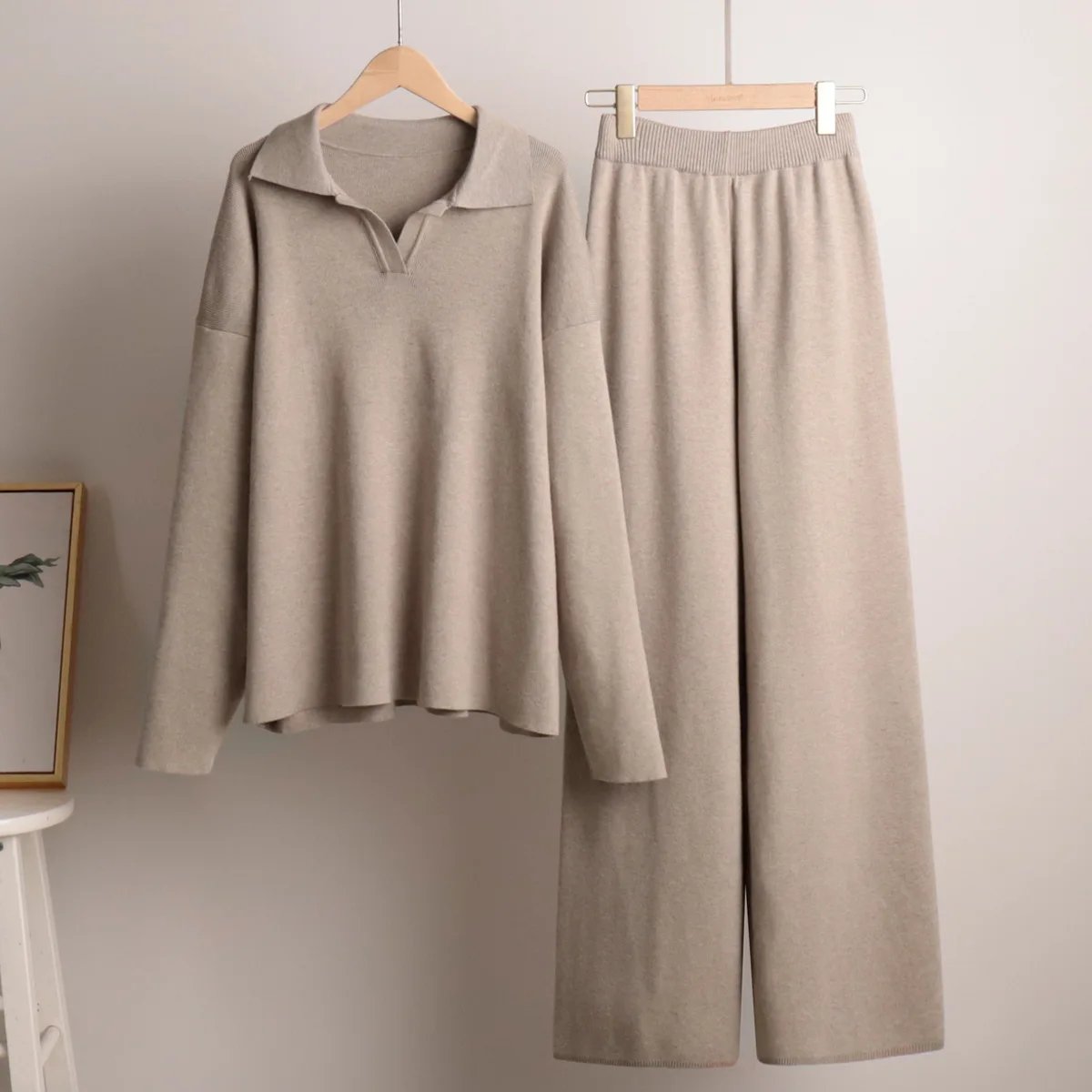 Bornladies Winter Thick Women Knitted Suits Soft 2 Pieces Sets Female Polo Neck Sweater & Wide Leg Pants Knitted Outfit Bornladies Winter Thick Women Knitted Suits Soft 2 Pieces Sets Female Polo Neck Sweater & Wide Leg Pants Knitted Outfit