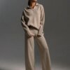 Bornladies Winter Thick Women Knitted Suits Soft 2 Pieces Sets Female Polo Neck Sweater & Wide Leg Pants Knitted Outfit