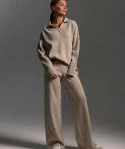 Bornladies Winter Thick Women Knitted Suits Soft 2 Pieces Sets Female Polo Neck Sweater & Wide Leg Pants Knitted Outfit