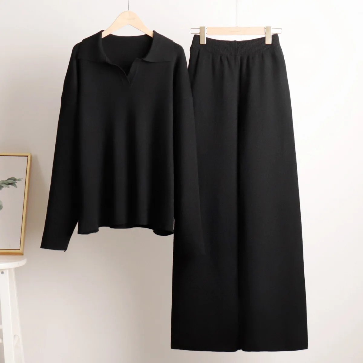 Bornladies Winter Thick Women Knitted Suits Soft 2 Pieces Sets Female Polo Neck Sweater & Wide Leg Pants Knitted Outfit Bornladies Winter Thick Women Knitted Suits Soft 2 Pieces Sets Female Polo Neck Sweater & Wide Leg Pants Knitted Outfit