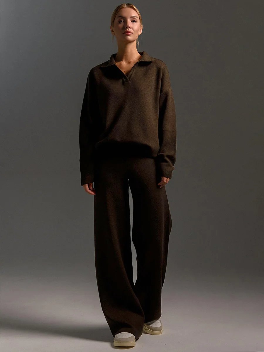 Bornladies Winter Thick Women Knitted Suits Soft 2 Pieces Sets Female Polo Neck Sweater & Wide Leg Pants Knitted Outfit Bornladies Winter Thick Women Knitted Suits Soft 2 Pieces Sets Female Polo Neck Sweater & Wide Leg Pants Knitted Outfit