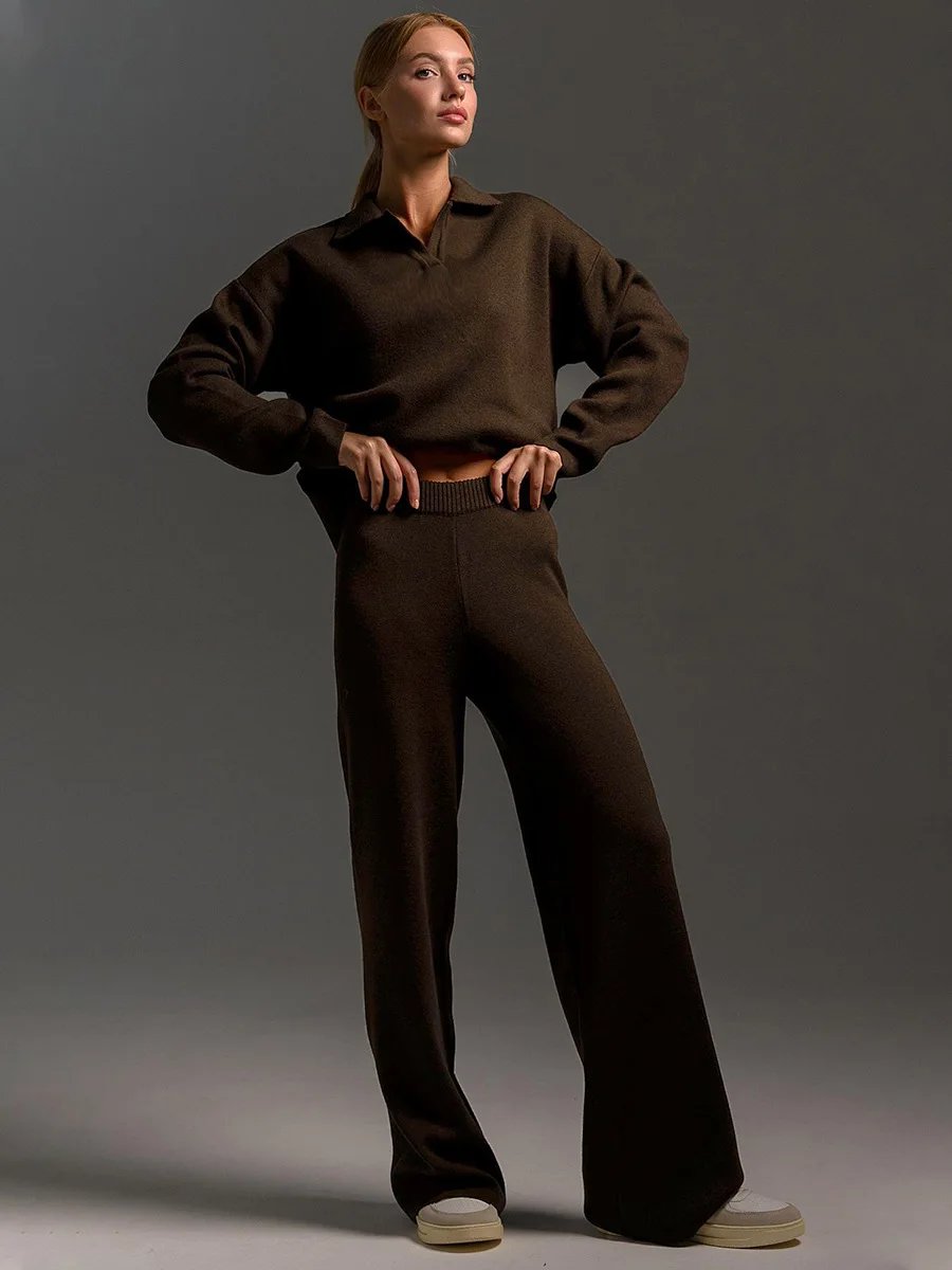 Bornladies Winter Thick Women Knitted Suits Soft 2 Pieces Sets Female Polo Neck Sweater & Wide Leg Pants Knitted Outfit Bornladies Winter Thick Women Knitted Suits Soft 2 Pieces Sets Female Polo Neck Sweater & Wide Leg Pants Knitted Outfit