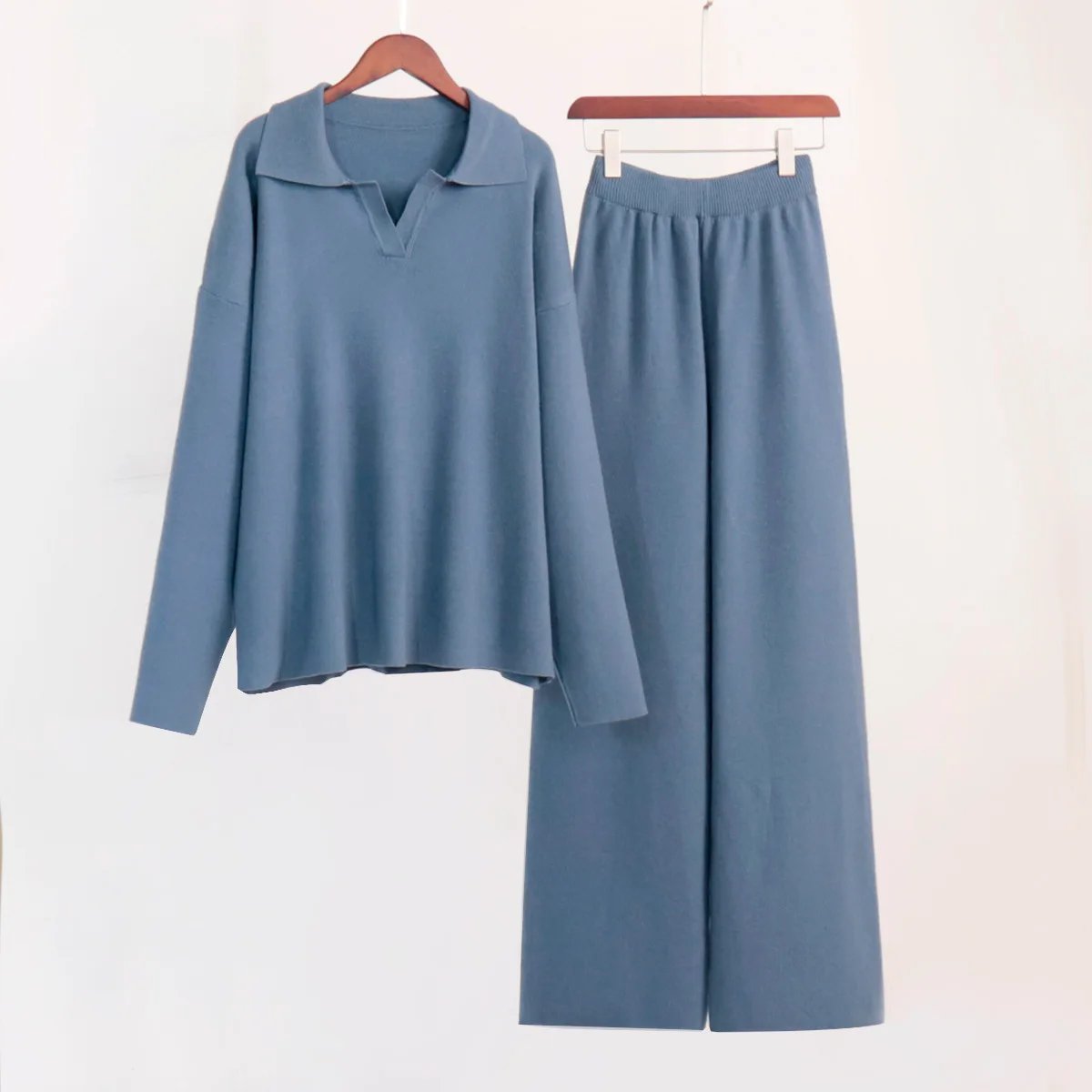 Bornladies Winter Thick Women Knitted Suits Soft 2 Pieces Sets Female Polo Neck Sweater & Wide Leg Pants Knitted Outfit Bornladies Winter Thick Women Knitted Suits Soft 2 Pieces Sets Female Polo Neck Sweater & Wide Leg Pants Knitted Outfit