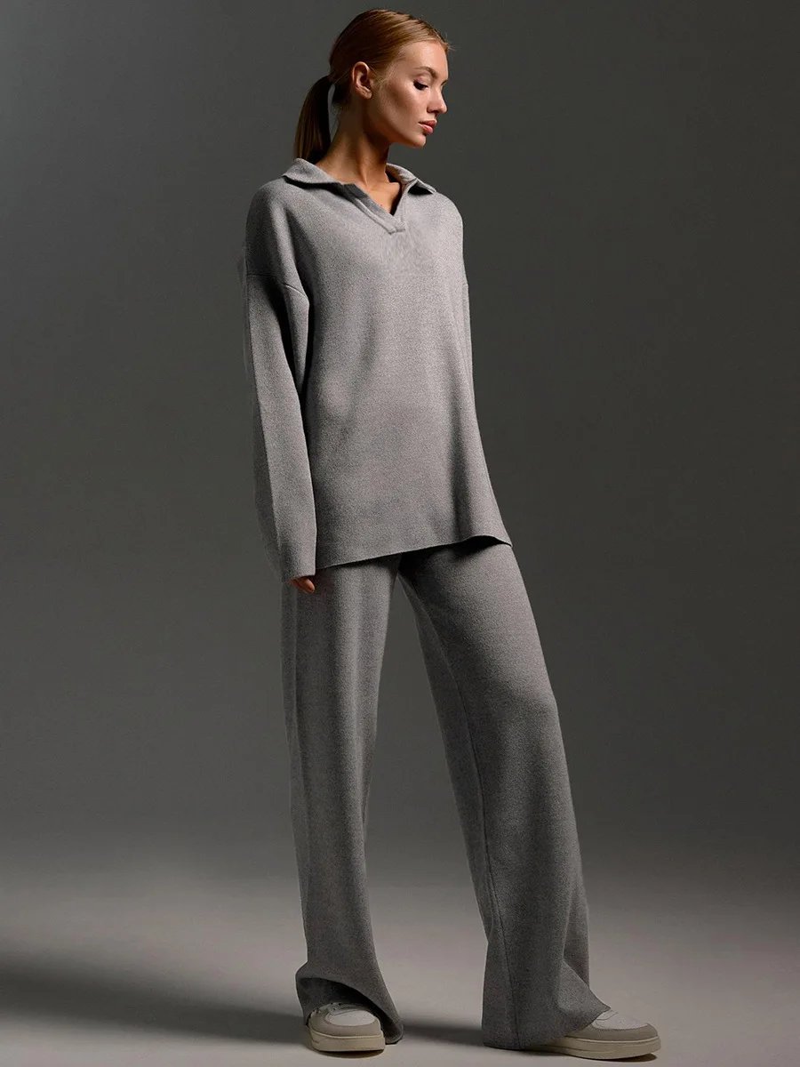 Bornladies Winter Thick Women Knitted Suits Soft 2 Pieces Sets Female Polo Neck Sweater & Wide Leg Pants Knitted Outfit Bornladies Winter Thick Women Knitted Suits Soft 2 Pieces Sets Female Polo Neck Sweater & Wide Leg Pants Knitted Outfit