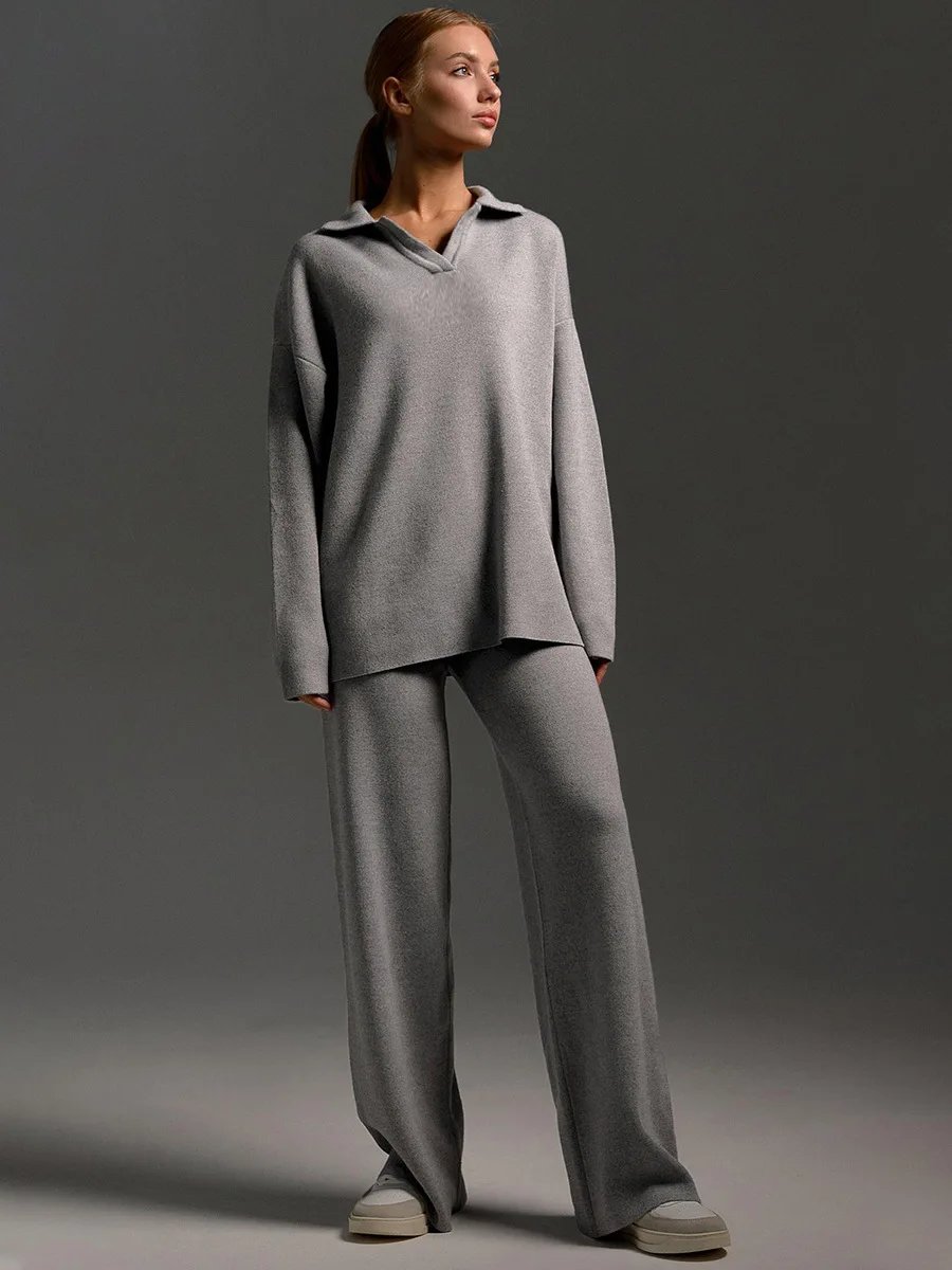 Bornladies Winter Thick Women Knitted Suits Soft 2 Pieces Sets Female Polo Neck Sweater & Wide Leg Pants Knitted Outfit Bornladies Winter Thick Women Knitted Suits Soft 2 Pieces Sets Female Polo Neck Sweater & Wide Leg Pants Knitted Outfit