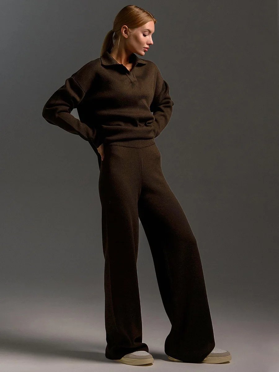 Bornladies Winter Thick Women Knitted Suits Soft 2 Pieces Sets Female Polo Neck Sweater & Wide Leg Pants Knitted Outfit Bornladies Winter Thick Women Knitted Suits Soft 2 Pieces Sets Female Polo Neck Sweater & Wide Leg Pants Knitted Outfit