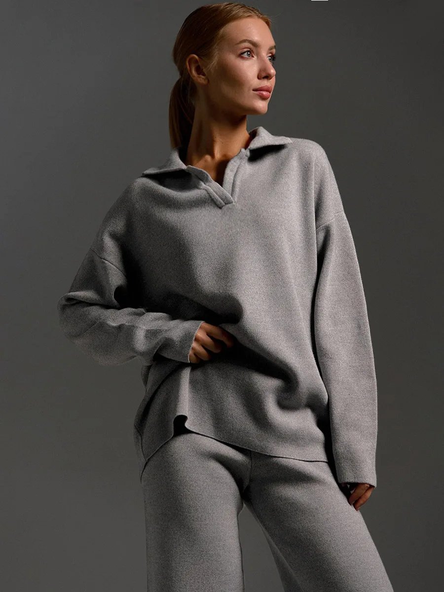 Bornladies Winter Thick Women Knitted Suits Soft 2 Pieces Sets Female Polo Neck Sweater & Wide Leg Pants Knitted Outfit Bornladies Winter Thick Women Knitted Suits Soft 2 Pieces Sets Female Polo Neck Sweater & Wide Leg Pants Knitted Outfit