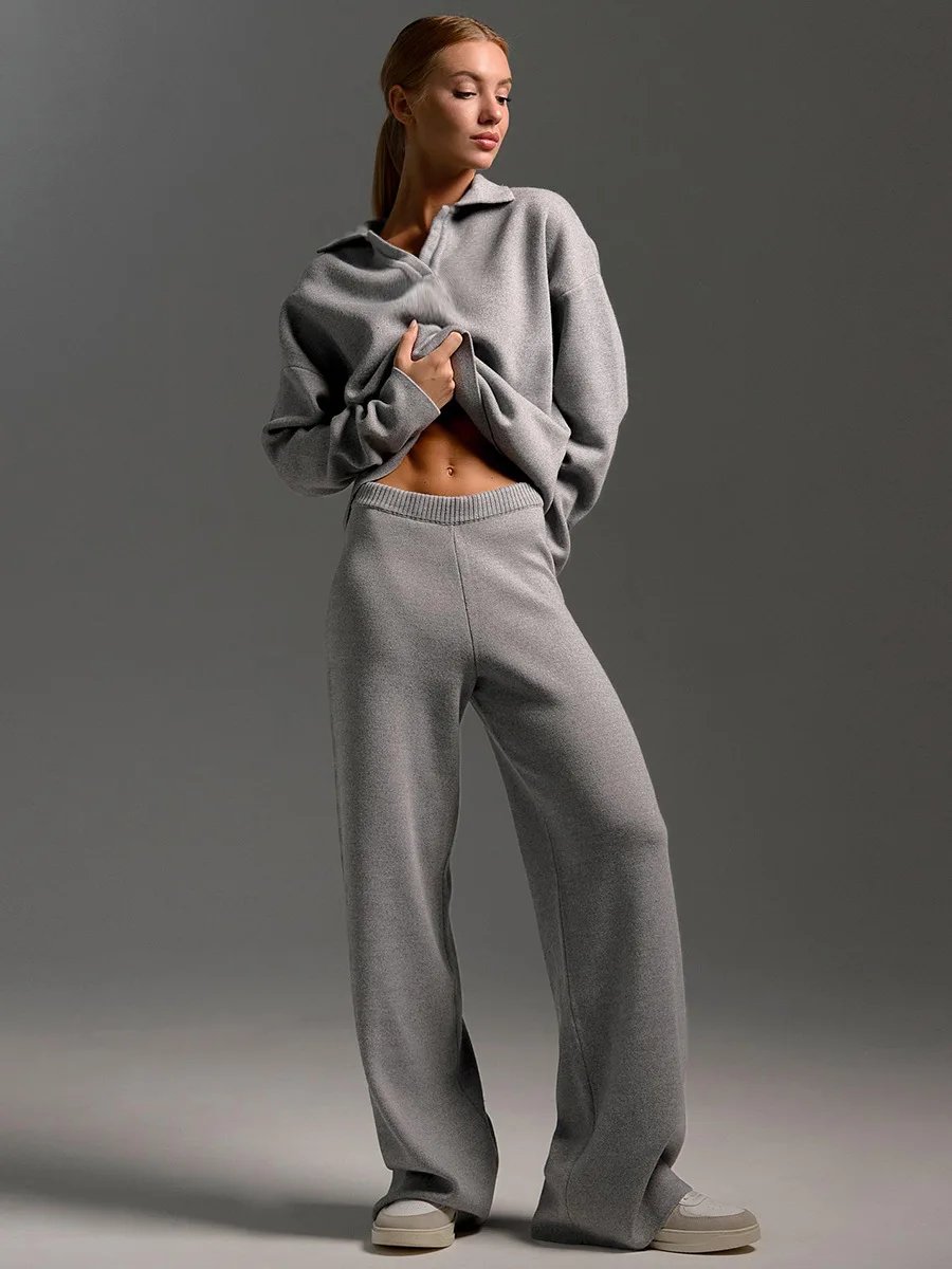 Bornladies Winter Thick Women Knitted Suits Soft 2 Pieces Sets Female Polo Neck Sweater & Wide Leg Pants Knitted Outfit Bornladies Winter Thick Women Knitted Suits Soft 2 Pieces Sets Female Polo Neck Sweater & Wide Leg Pants Knitted Outfit