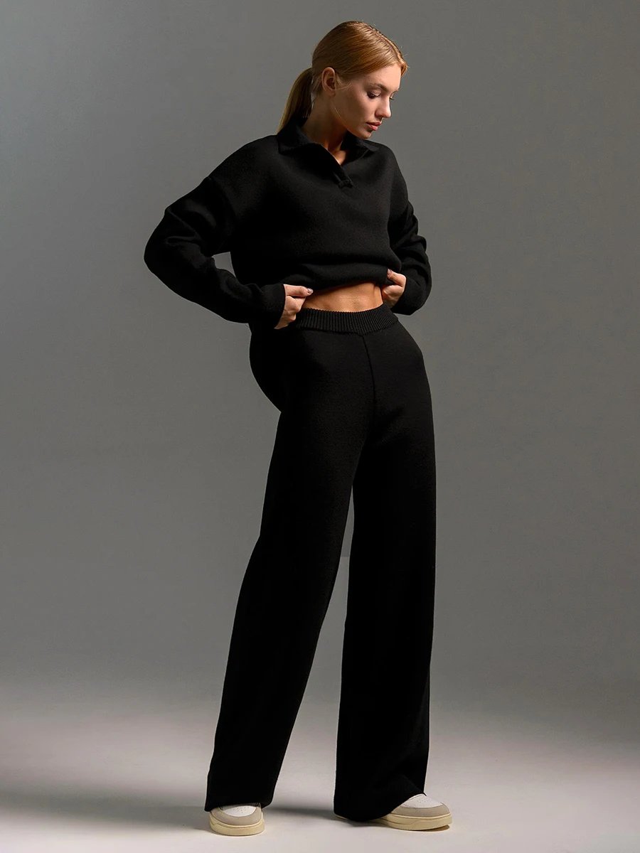 Bornladies Winter Thick Women Knitted Suits Soft 2 Pieces Sets Female Polo Neck Sweater & Wide Leg Pants Knitted Outfit Bornladies Winter Thick Women Knitted Suits Soft 2 Pieces Sets Female Polo Neck Sweater & Wide Leg Pants Knitted Outfit