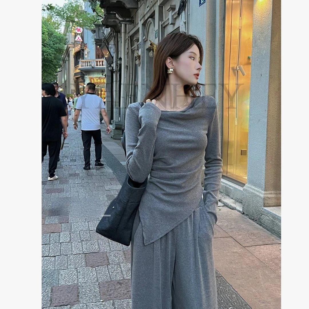 Irregular Solid Color Slash Neck Design Women Soft Tee + High Waist Suit Thin Wide Legs Pure Wind Spice Girl Two Piece Set Women