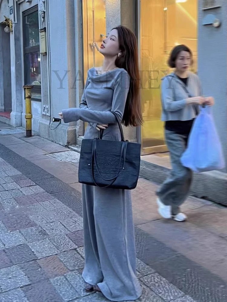 Irregular Solid Color Slash Neck Design Women Soft Tee + High Waist Suit Thin Wide Legs Pure Wind Spice Girl Two Piece Set Women