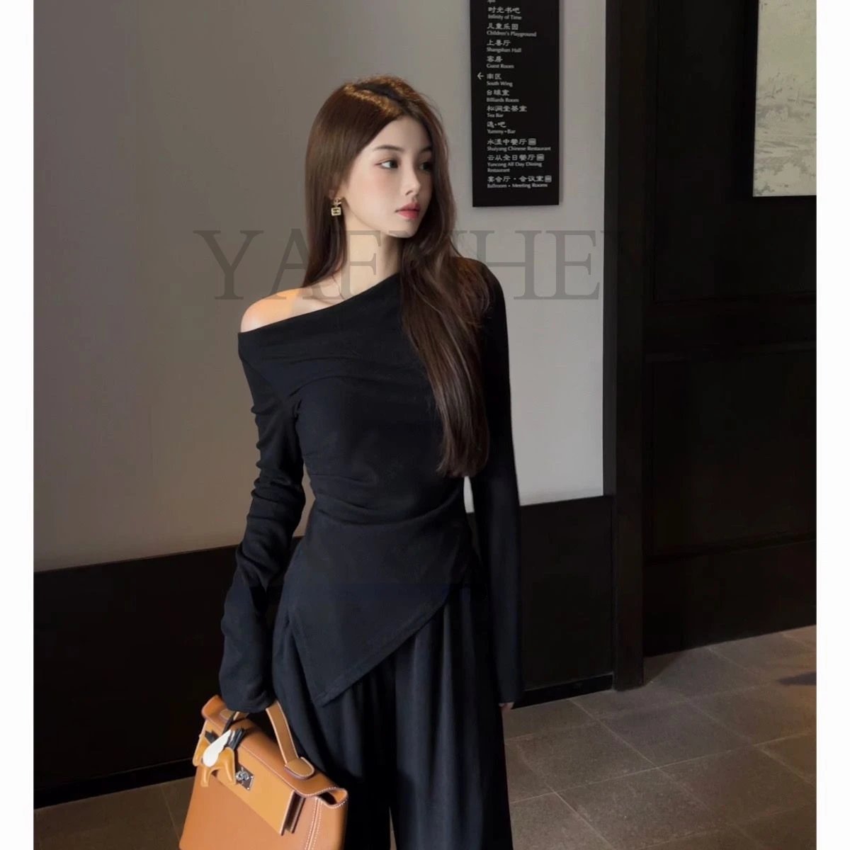 Irregular Solid Color Slash Neck Design Women Soft Tee + High Waist Suit Thin Wide Legs Pure Wind Spice Girl Two Piece Set Women
