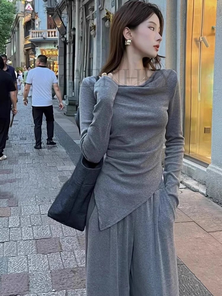 Irregular Solid Color Slash Neck Design Women Soft Tee + High Waist Suit Thin Wide Legs Pure Wind Spice Girl Two Piece Set Women
