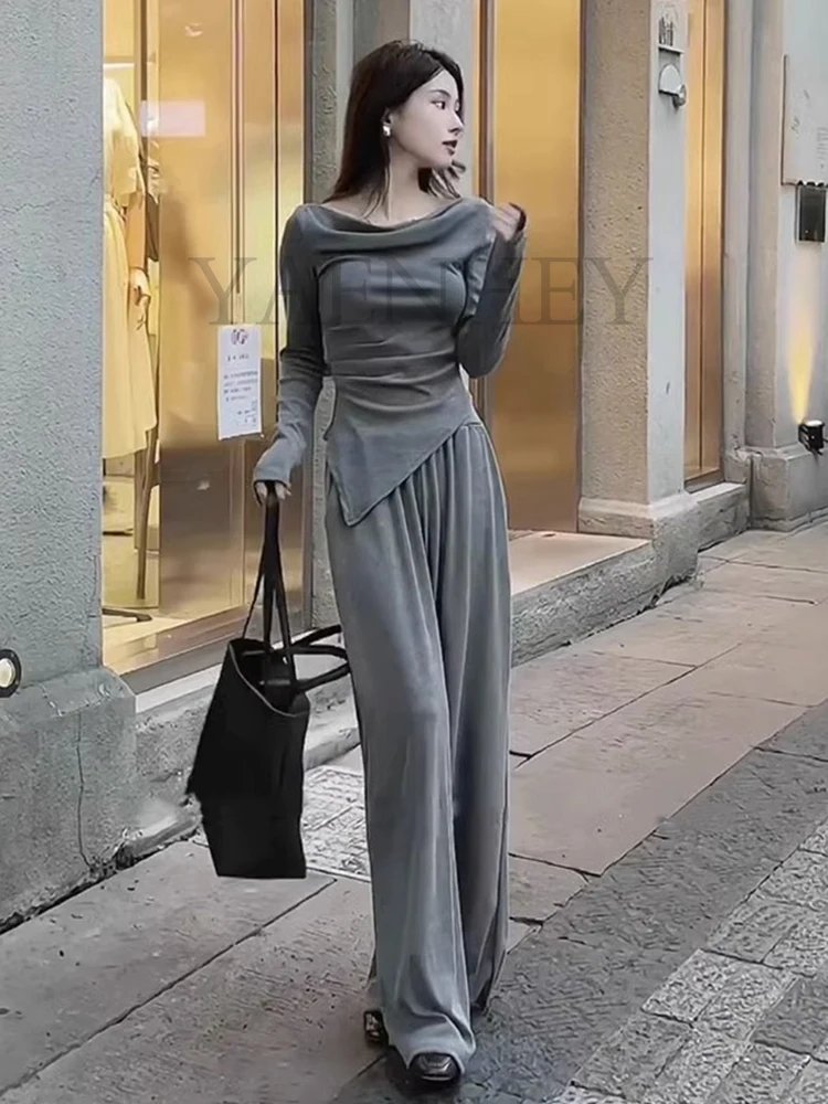 Irregular Solid Color Slash Neck Design Women Soft Tee + High Waist Suit Thin Wide Legs Pure Wind Spice Girl Two Piece Set Women