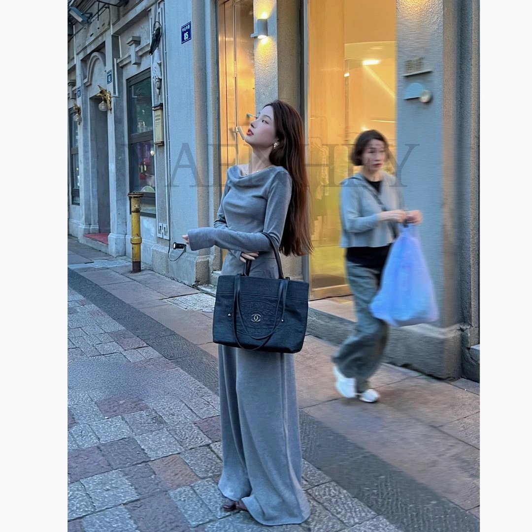 Irregular Solid Color Slash Neck Design Women Soft Tee + High Waist Suit Thin Wide Legs Pure Wind Spice Girl Two Piece Set Women