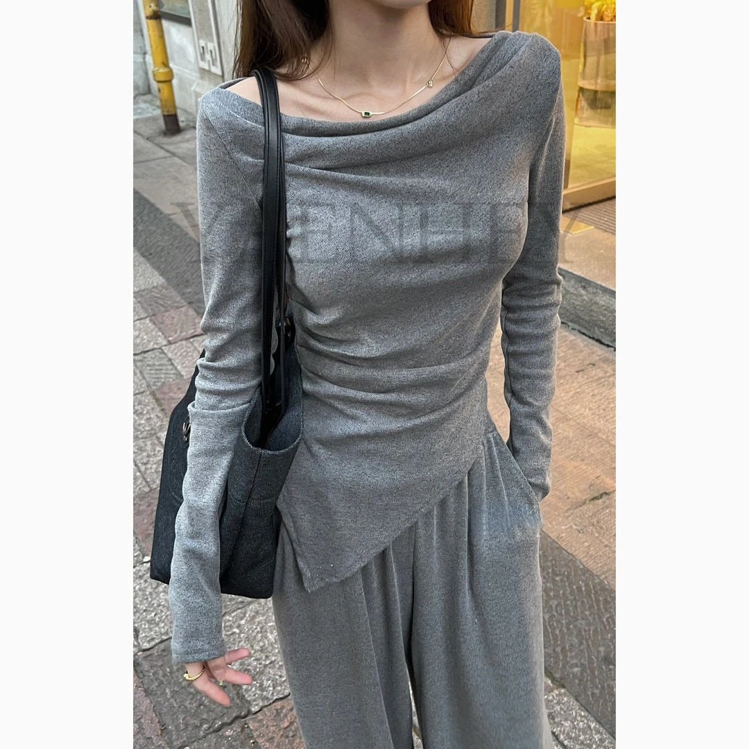 Irregular Solid Color Slash Neck Design Women Soft Tee + High Waist Suit Thin Wide Legs Pure Wind Spice Girl Two Piece Set Women