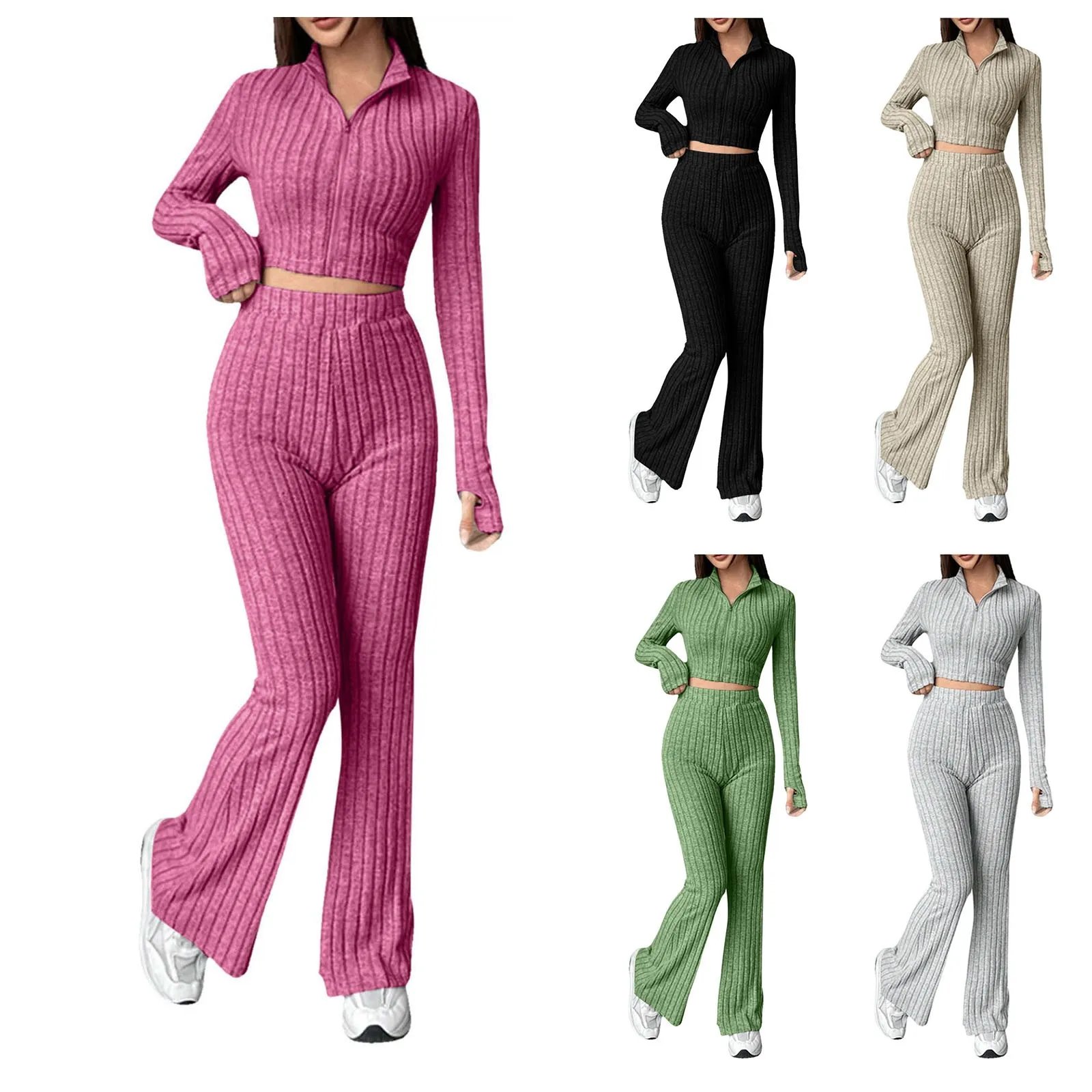 2024 Spring Knitted 2 Piece Sets Women Tracksuit Long Sleeve Vintage Sweater Crop Top Flare Pants Stretch Matching Suit Outfit