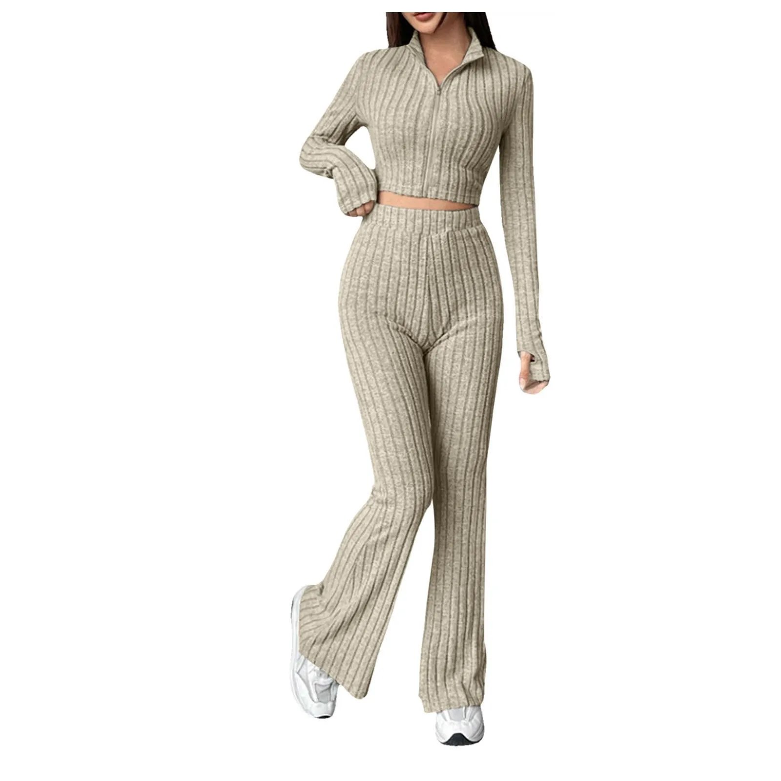 2024 Spring Knitted 2 Piece Sets Women Tracksuit Long Sleeve Vintage Sweater Crop Top Flare Pants Stretch Matching Suit Outfit