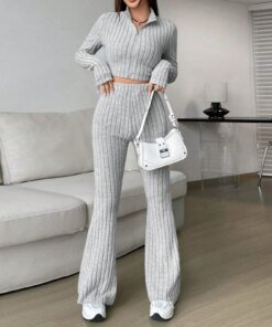 2024 Spring Knitted 2 Piece Sets Women Tracksuit Long Sleeve Vintage Sweater Crop Top Flare Pants Stretch Matching Suit Outfit