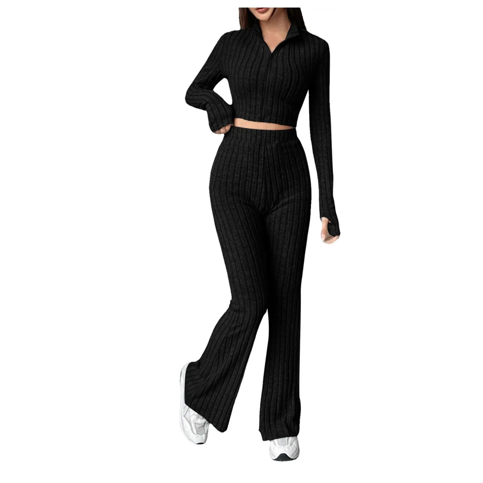 2024 Spring Knitted 2 Piece Sets Women Tracksuit Long Sleeve Vintage Sweater Crop Top Flare Pants Stretch Matching Suit Outfit