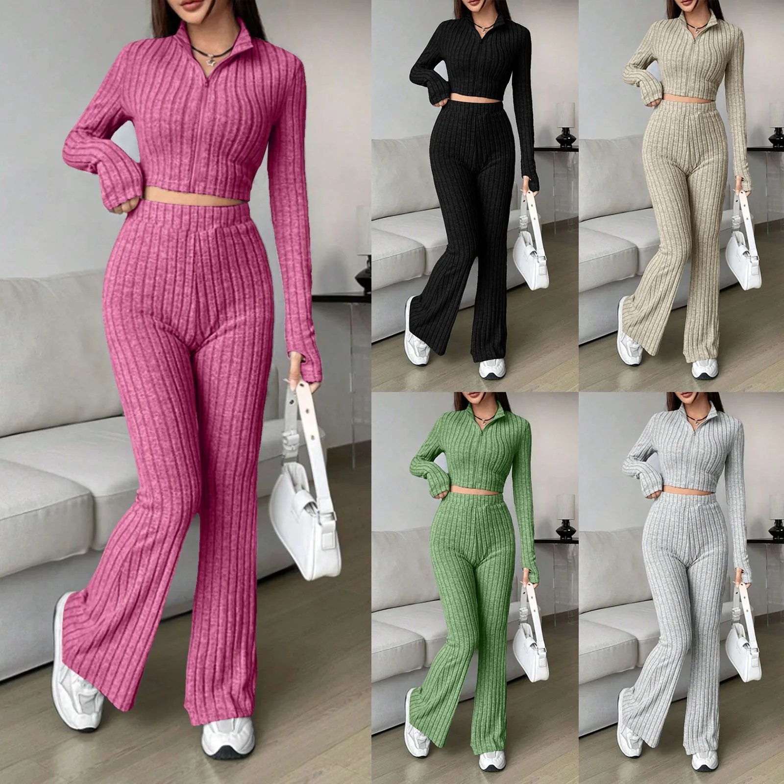 2024 Spring Knitted 2 Piece Sets Women Tracksuit Long Sleeve Vintage Sweater Crop Top Flare Pants Stretch Matching Suit Outfit