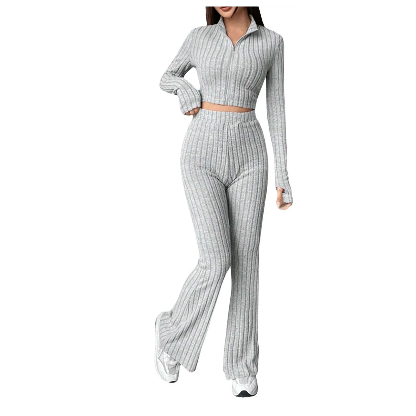 2024 Spring Knitted 2 Piece Sets Women Tracksuit Long Sleeve Vintage Sweater Crop Top Flare Pants Stretch Matching Suit Outfit