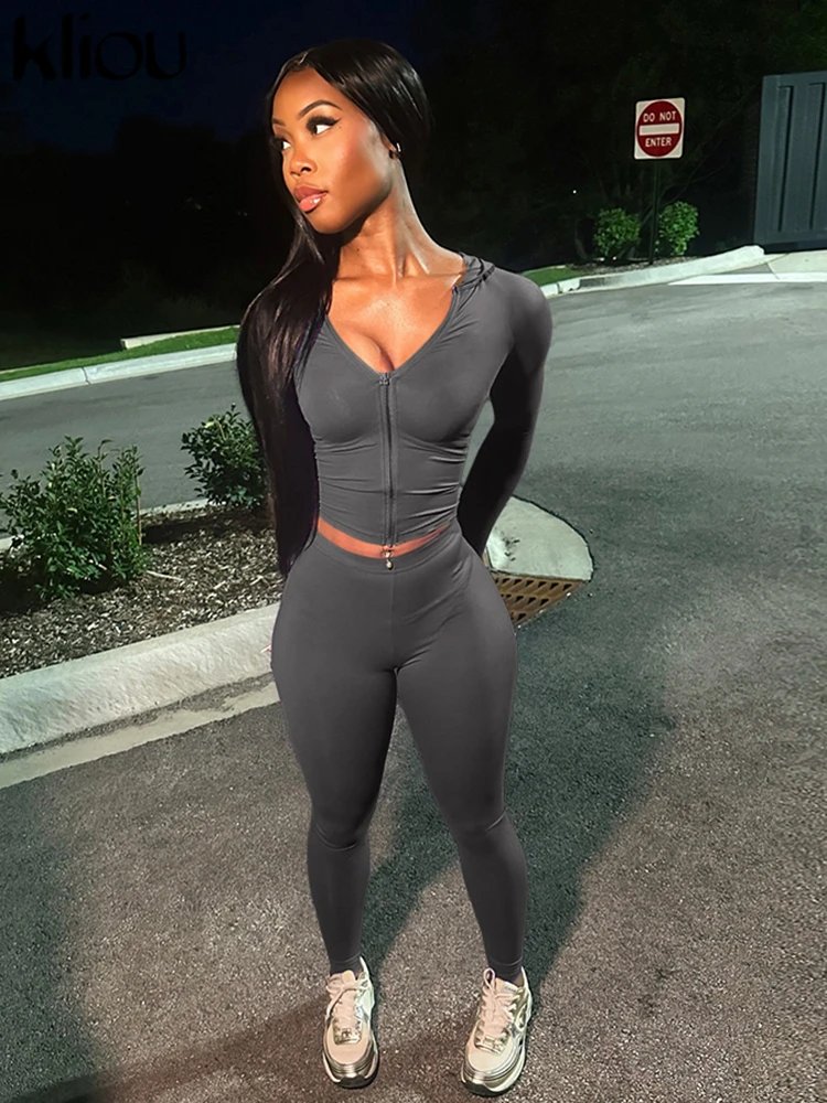 kliou Casual Women 2 Piece Set Classic Tracksuits Solid Long Sleeve Zip-up Hood Tops+Slim Elastic Pants Sporty Concise Outfits kliou Casual Women 2 Piece Set Classic Tracksuits Solid Long Sleeve Zip-up Hood Tops+Slim Elastic Pants Sporty Concise Outfits