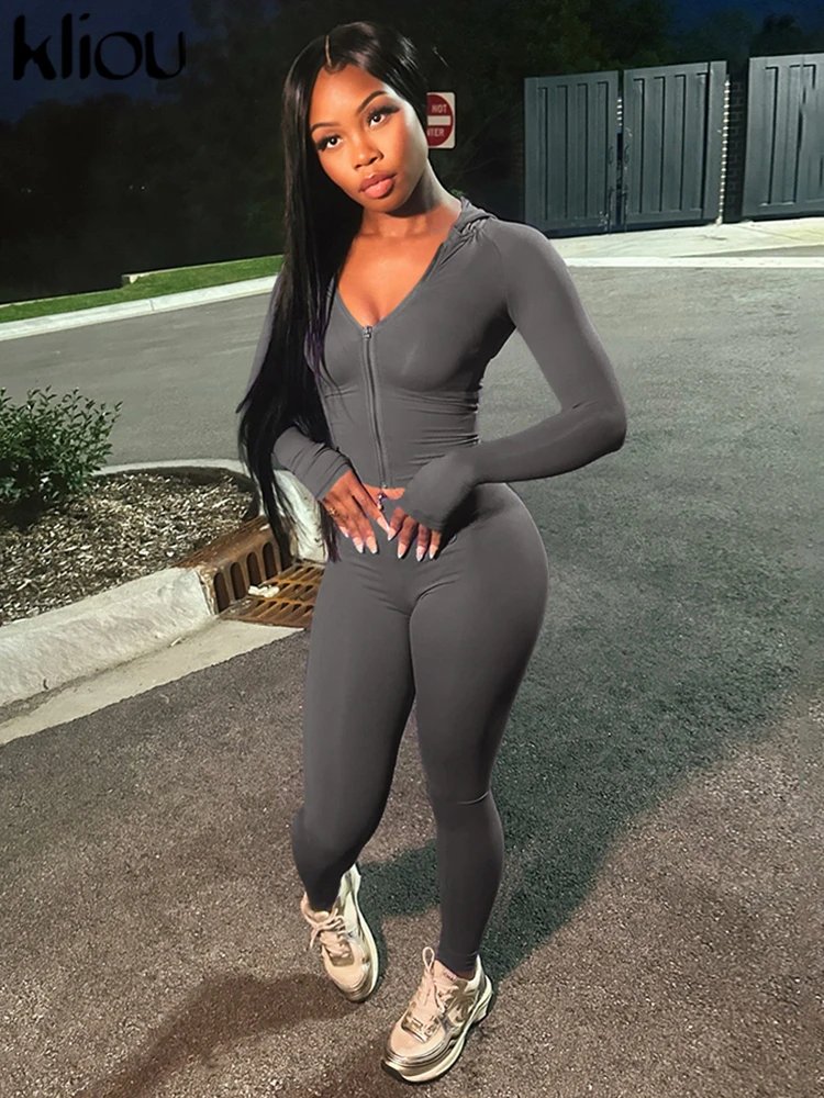 kliou Casual Women 2 Piece Set Classic Tracksuits Solid Long Sleeve Zip-up Hood Tops+Slim Elastic Pants Sporty Concise Outfits kliou Casual Women 2 Piece Set Classic Tracksuits Solid Long Sleeve Zip-up Hood Tops+Slim Elastic Pants Sporty Concise Outfits