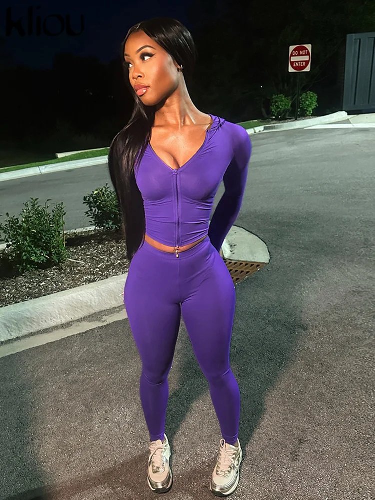 kliou Casual Women 2 Piece Set Classic Tracksuits Solid Long Sleeve Zip-up Hood Tops+Slim Elastic Pants Sporty Concise Outfits kliou Casual Women 2 Piece Set Classic Tracksuits Solid Long Sleeve Zip-up Hood Tops+Slim Elastic Pants Sporty Concise Outfits