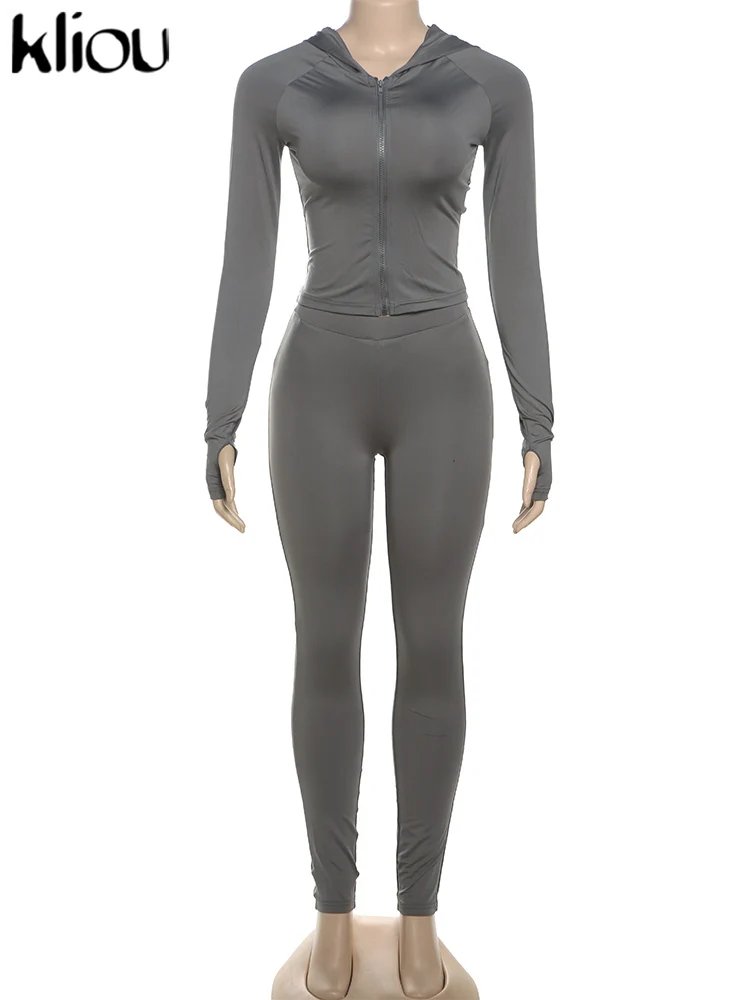 kliou Casual Women 2 Piece Set Classic Tracksuits Solid Long Sleeve Zip-up Hood Tops+Slim Elastic Pants Sporty Concise Outfits kliou Casual Women 2 Piece Set Classic Tracksuits Solid Long Sleeve Zip-up Hood Tops+Slim Elastic Pants Sporty Concise Outfits