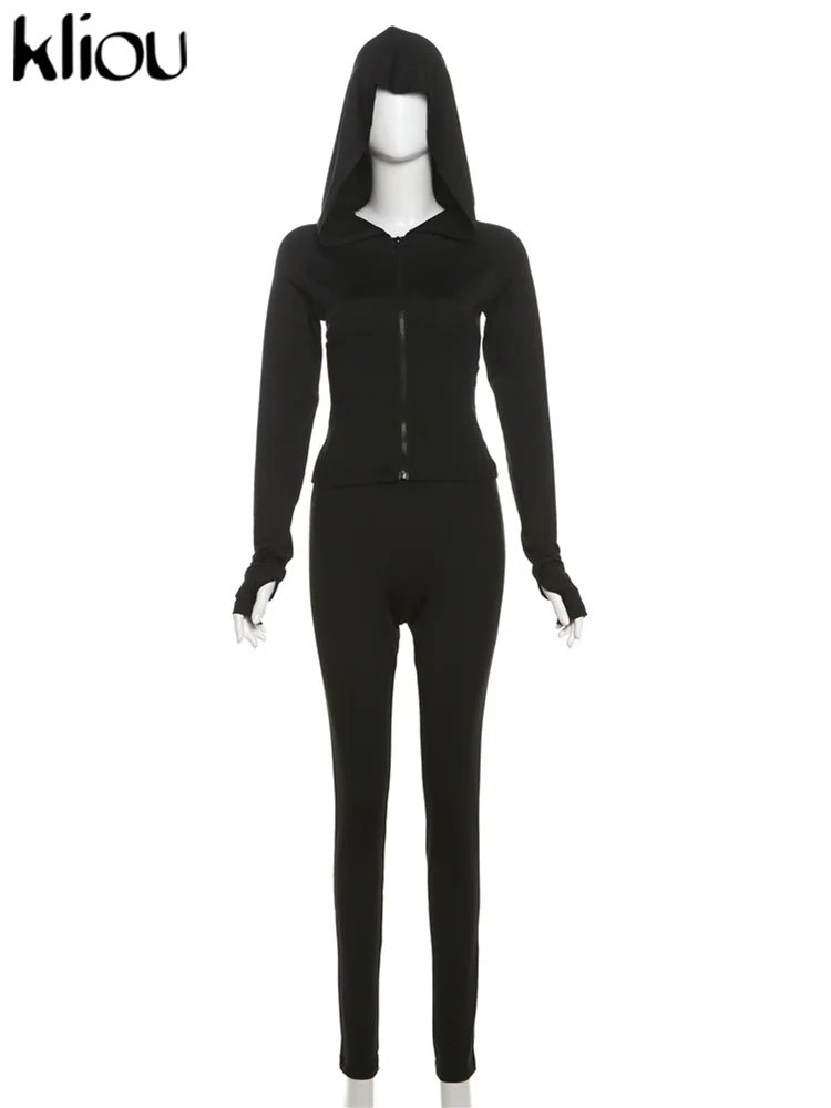 kliou Casual Women 2 Piece Set Classic Tracksuits Solid Long Sleeve Zip-up Hood Tops+Slim Elastic Pants Sporty Concise Outfits kliou Casual Women 2 Piece Set Classic Tracksuits Solid Long Sleeve Zip-up Hood Tops+Slim Elastic Pants Sporty Concise Outfits