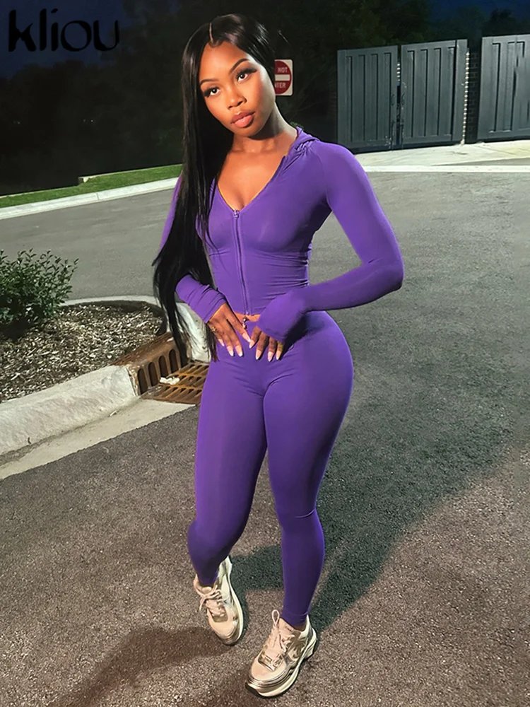 kliou Casual Women 2 Piece Set Classic Tracksuits Solid Long Sleeve Zip-up Hood Tops+Slim Elastic Pants Sporty Concise Outfits kliou Casual Women 2 Piece Set Classic Tracksuits Solid Long Sleeve Zip-up Hood Tops+Slim Elastic Pants Sporty Concise Outfits