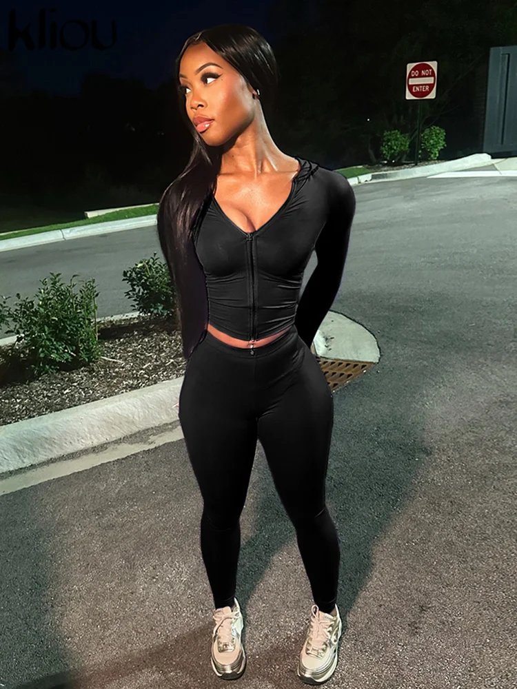 kliou Casual Women 2 Piece Set Classic Tracksuits Solid Long Sleeve Zip-up Hood Tops+Slim Elastic Pants Sporty Concise Outfits kliou Casual Women 2 Piece Set Classic Tracksuits Solid Long Sleeve Zip-up Hood Tops+Slim Elastic Pants Sporty Concise Outfits