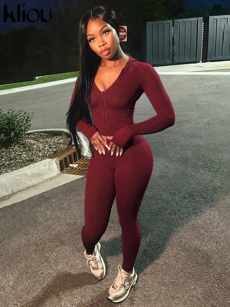 kliou Casual Women 2 Piece Set Classic Tracksuits Solid Long Sleeve Zip-up Hood Tops+Slim Elastic Pants Sporty Concise Outfits kliou Casual Women 2 Piece Set Classic Tracksuits Solid Long Sleeve Zip-up Hood Tops+Slim Elastic Pants Sporty Concise Outfits