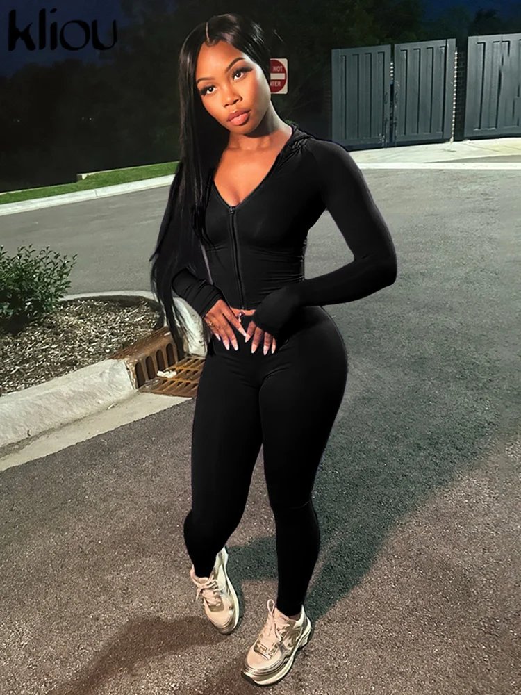 kliou Casual Women 2 Piece Set Classic Tracksuits Solid Long Sleeve Zip-up Hood Tops+Slim Elastic Pants Sporty Concise Outfits kliou Casual Women 2 Piece Set Classic Tracksuits Solid Long Sleeve Zip-up Hood Tops+Slim Elastic Pants Sporty Concise Outfits