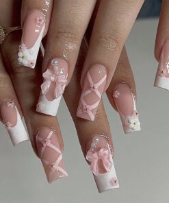 24Pcs Pink Bow Press on Nails 3D Flower with Pearl Design Acrylic Nails Ballerina Full Cover French False Nail Tips for Women