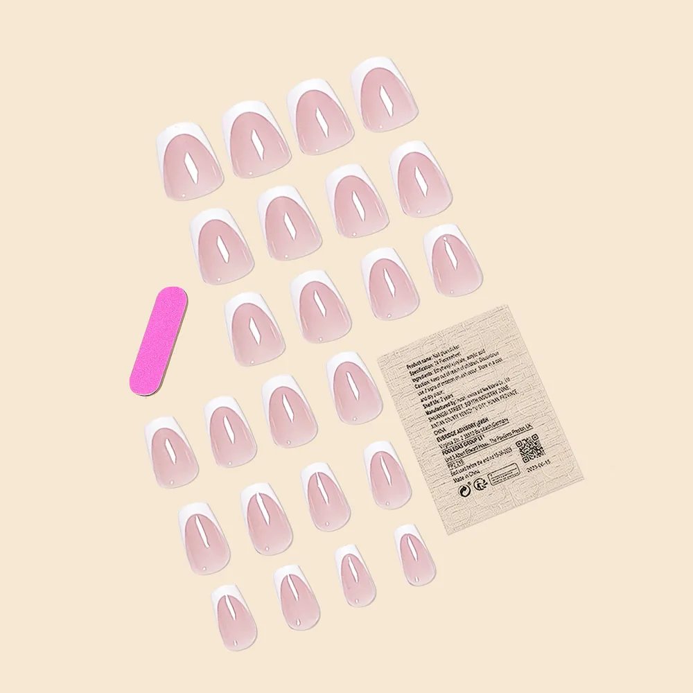 Fashion Trend Women Girls 24Pcs/Set Short Ballet Pink French White Border Full Coverage Wearable Fake Nail Press on Nail Art