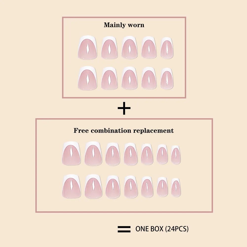 Fashion Trend Women Girls 24Pcs/Set Short Ballet Pink French White Border Full Coverage Wearable Fake Nail Press on Nail Art