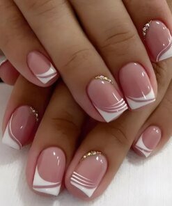 24PCS Shiny Pearl Wearable False Nails Short Square Fake Nail Simple Press on Nails Detachable Full Cover Nail Tips With Glue