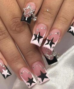 Women Girls 24Pcs Long Square Black French sparkling diamond star pendant Full Coverage Wearable Fake Nail Press on Nail Art
