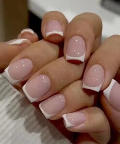 24Pcs Nude White French Fake Nail Short Square Nail Tips Fashion Wearable False Nails with Glue Simple Full Cover Press on Nails