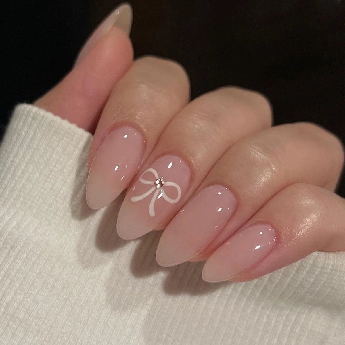 24Pcs Almond Press on Fake Nails Long French False Nails with Pink Bow Wearable Flower Design Oval Manicure Full Cover Nail Tips 24Pcs Almond Press on Fake Nails Long French False Nails with Pink Bow Wearable Flower Design Oval Manicure Full Cover Nail Tips