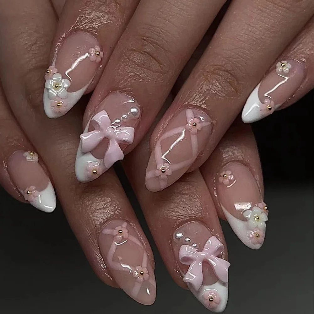 24Pcs Almond Press on Fake Nails Long French False Nails with Pink Bow Wearable Flower Design Oval Manicure Full Cover Nail Tips 24Pcs Almond Press on Fake Nails Long French False Nails with Pink Bow Wearable Flower Design Oval Manicure Full Cover Nail Tips