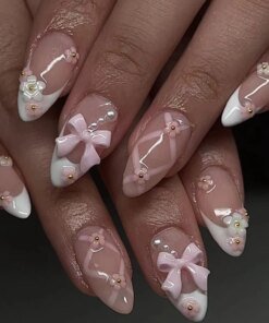 24Pcs Almond Press on Fake Nails Long French False Nails with Pink Bow Wearable Flower Design Oval Manicure Full Cover Nail Tips