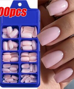 100Pcs Light Pink Press on Nails Short Medium Square Fake Nail Tips 10 sizes Reusable Full Cover False Nails Finger Decoration