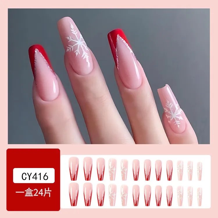 24Pcs Christmas Ballet False Nail Manicure Acrylic Artificial Full Nail Tips Press On Nails Xmas Snowflakes Ballerina Fake Nails
