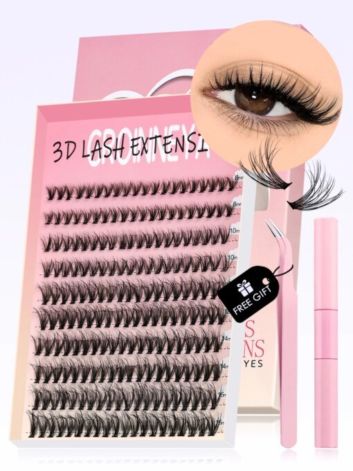GROINNEYA DIY Lash Kit Thick 8-16mm Fluffy Lash Clusters Mixed Tray Individual Eyelashes Kit with Lash Bond DIY Lashes Extension