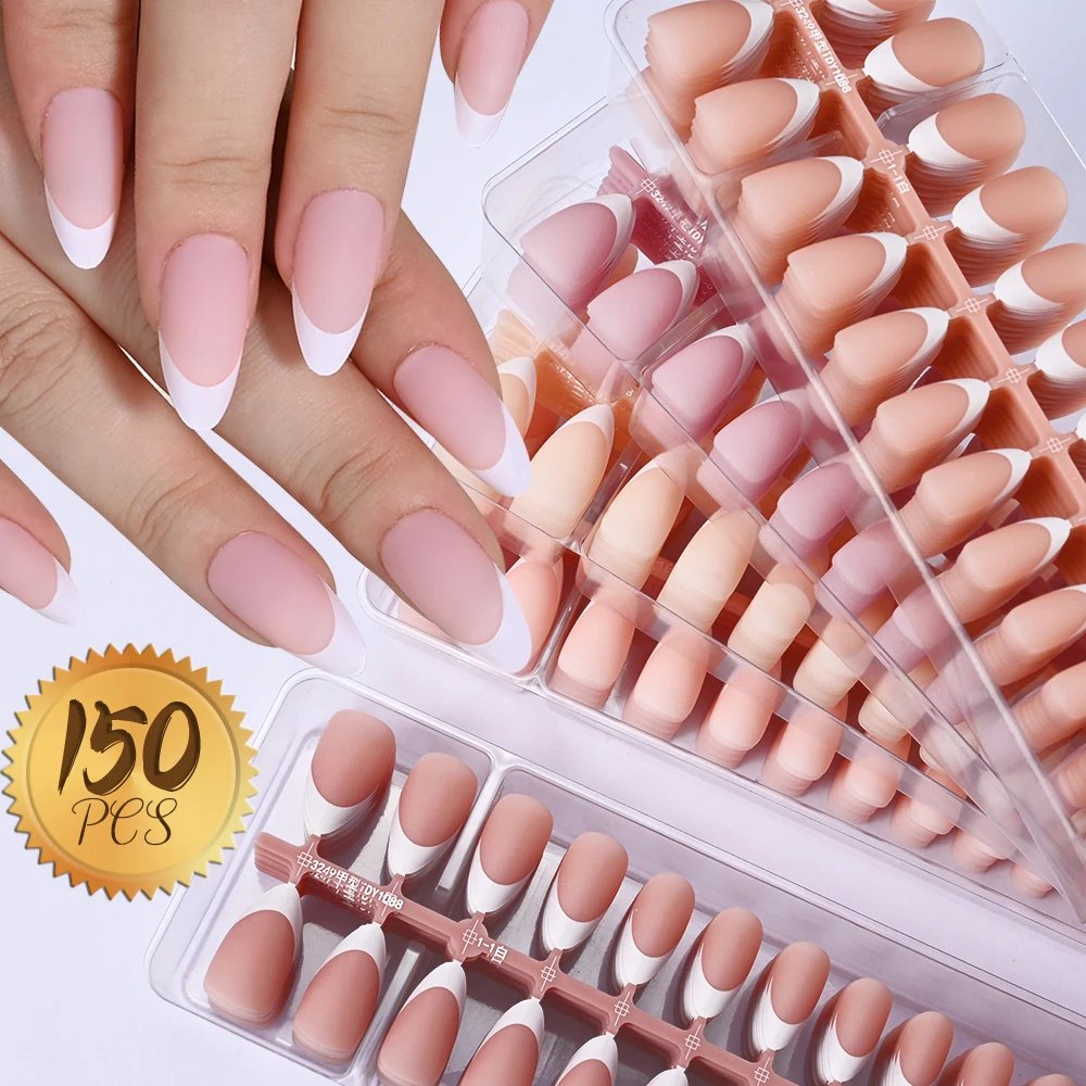 120/150Pcs Matte/Glossy Nude Pink Almond False Nail Pre-made French Short Almond Nail Tips Press On Nails Full-Cover Fingernails