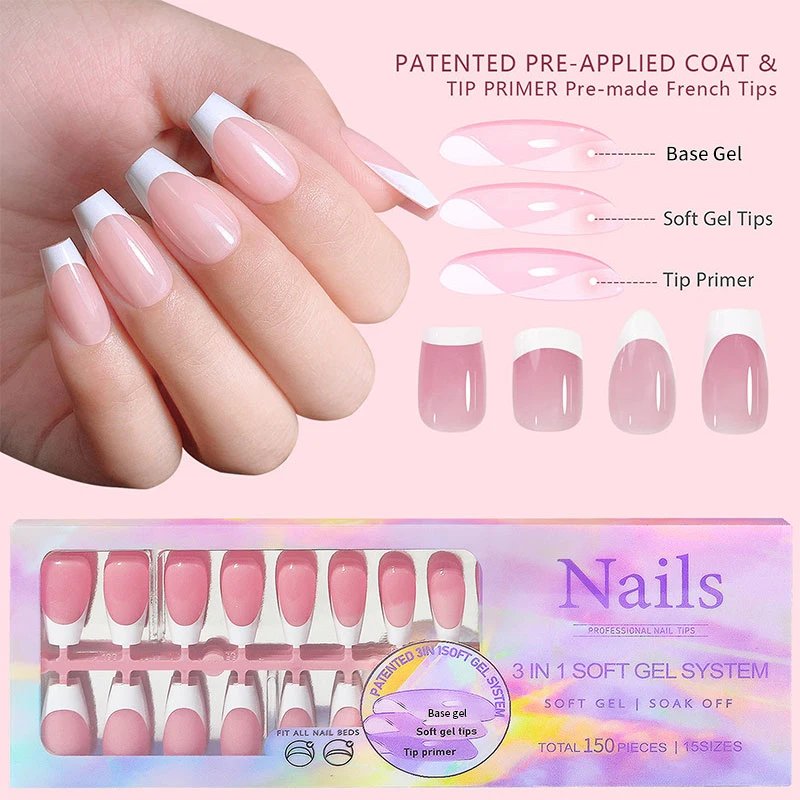 150pcs/set Charming French Ballet Wearable Fake Nail Tips Press On Nail Seamless Removable Wearing Reusable Full Cover Nail Tips