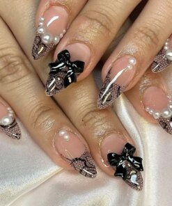 Alternative view of 24pcs Press on Nails Short Almond Bowknot Black Press on Nails White Pearl Sweet French Tip Press on Nails Cute Nail Artificial